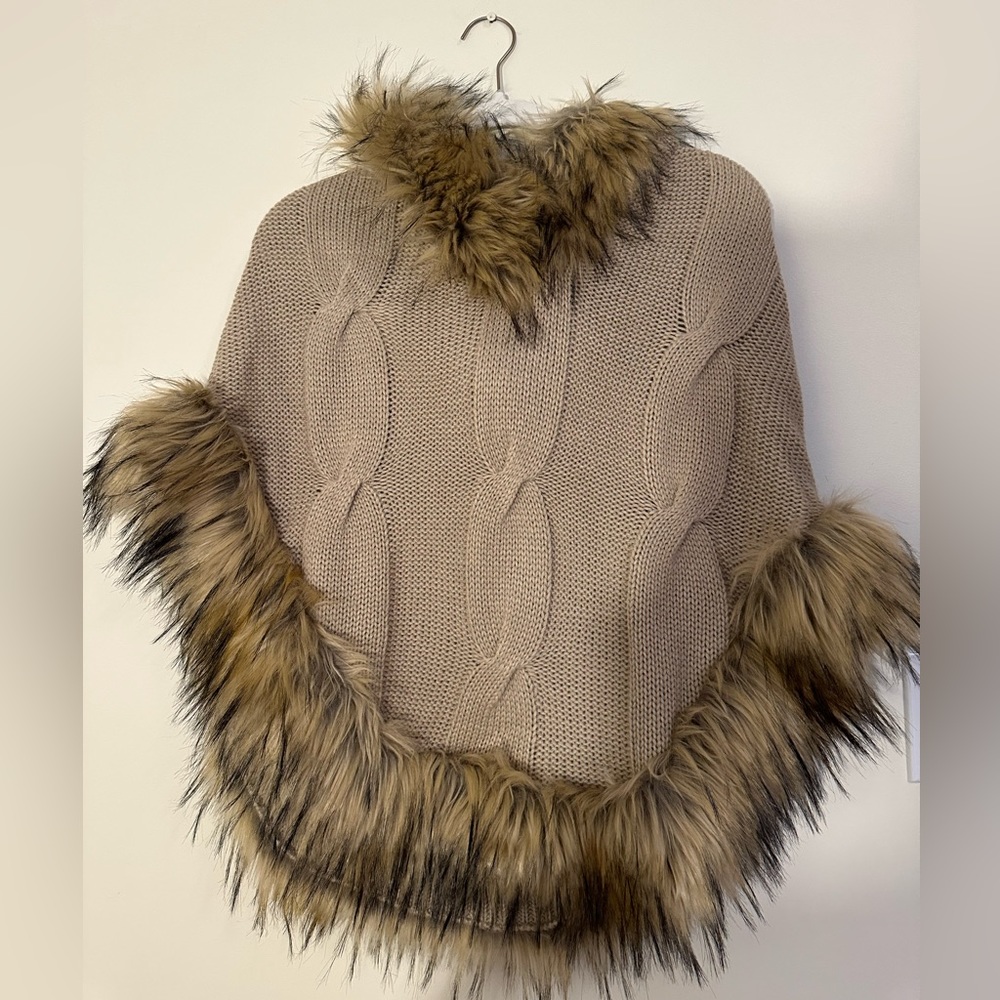 Linda Richards Cable Knit Wool Poncho with Faux fur trim & hood